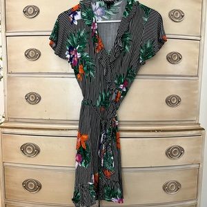 Who What Wear floral and stripe ruffle wrap dress.